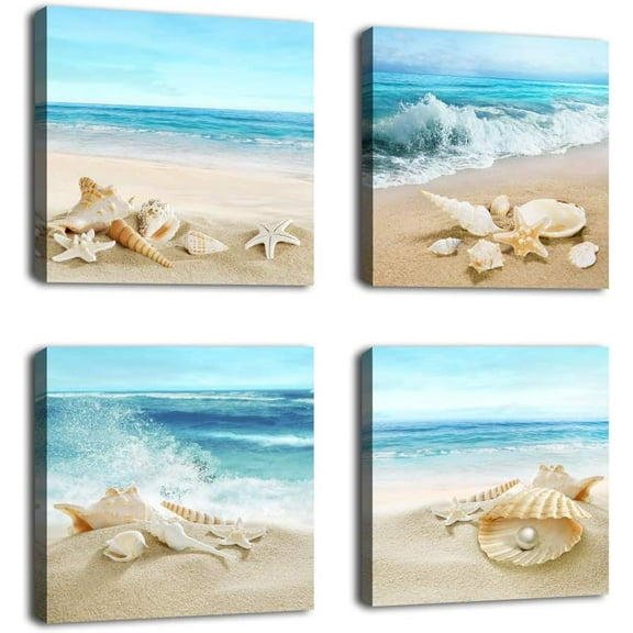 Beach Waves Wall Art Ocean Decor Sands Seashell Starfish Nature Pictures Blue Canvas Artwork Turquoise Wall Art for Bathroom Bedroom Living Room Office Kitchen Wall Decor 12" x 12" x 4 Pieces