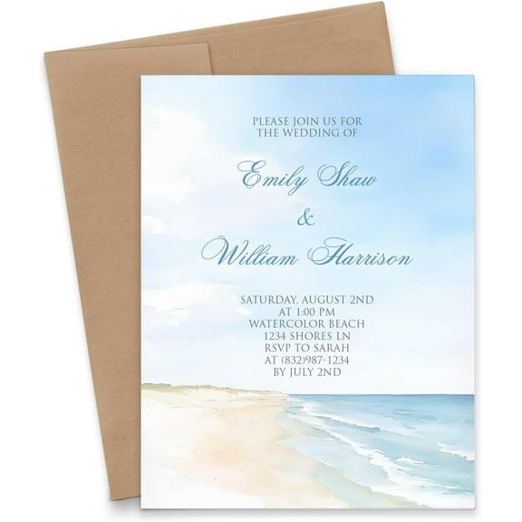Beach Wedding Invitations With Envelopes, Customized Destination Wedding Invites, Ocean Wedding Invitation Kit, Marriage Celebration Invitation, Your Choice of Quantity and Envelope Color