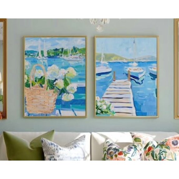 Nantucket Library Beach Whimsical Nantucket Coastal Harbor Yachts European Seaside ...