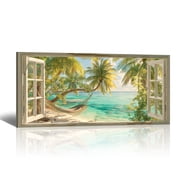 Beach Window Canvas Wall Art - Large Coastal Picture Landscape Canvas Prints Tropical Sea Paintings, Horizontal Summer Seascape Artwork for Living Room Bedroom