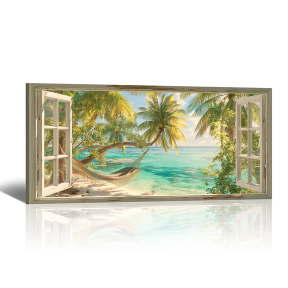 Beach Window Canvas Wall Art - Large Coastal Picture Landscape Canvas Prints Tropical Sea Paintings, Horizontal Summer Seascape Artwork for Living Room Bedroom