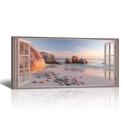 Beach Window Canvas Wall Art - Large Coastal Picture Landscape Canvas Prints Tropical Sea Paintings, Horizontal Summer Seascape Artwork for Living Room Bedroom