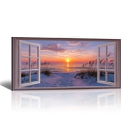Beach Window Canvas Wall Art - Large Coastal Picture Landscape Canvas Prints Tropical Sea Paintings, Horizontal Summer Seascape Artwork for Living Room Bedroom