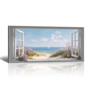 Beach Window Canvas Wall Art - Large Coastal Picture Landscape Canvas Prints Tropical Sea Paintings, Horizontal Summer Seascape Artwork for Living Room Bedroom