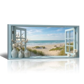 Beach Window Canvas Wall Art - Large Coastal Seascape Canvas Prints, Ocean Pictures Landscape Paintings, Horizontal Tropical Sea Artwork for Living Room Home Decor