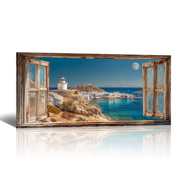 Beach Window Canvas Wall Art - Large Nautical Lighthouse Moon Canvas Prints, Ocean Pictures Landscape Paintings, Horizontal Coastal Sea Artwork for Home Decor