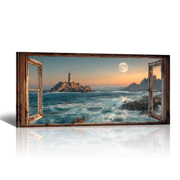 Beach Window Canvas Wall Art - Large Nautical Lighthouse Moon Canvas Prints, Ocean Pictures Landscape Paintings, Horizontal Coastal Sea Artwork for Home Decor