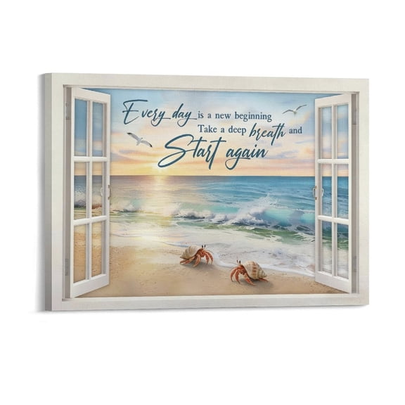 Beach Window Canvas Wall Art, Ocean Sunrise Scene with Inspirational Quote, Coastal Seaside Canvas Prints for Living Room Bathroom Bedroom, Ready to Hang Nautical Seascape Wall Decor