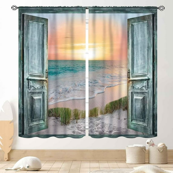 Beach Window Curtains, Summer Coastal Tropical Seaside Sunset Nautical Ocean Scenery Window Drapes Treatments for Bedroom Living Room Kitchen Bathroom 2 Panels Set, 42"x63" Inch