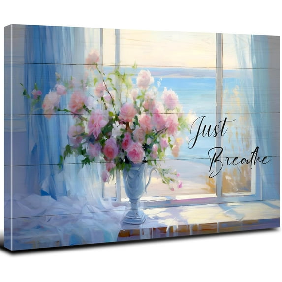 Beach Window Picture Just Breathe Wall Art Blush Floral Wall Decor for Beach House Living Room Inspirational Quotes Canvas Prints Painting Framed Poster Artwork Bedroom Bathroom Home Decorations 12x16
