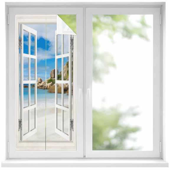 Beach Window Privacy Film 17.7x39.3in Coconut Trees Seascape Windows View Decorative Window Film with Static Cling, UV Filtering Window Cling Privacy Film for Glass Doors and Windows