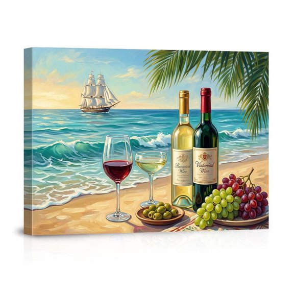Beach Wine And Sailing Ship Coastal Tropical For Kitchen Bar Canvas