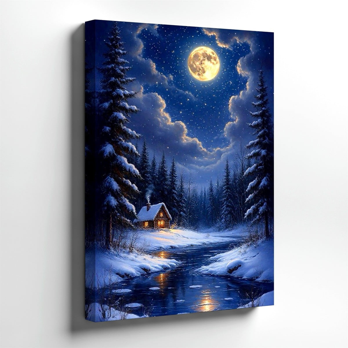 Beach Winter Moonlit Cabin Snowy Forest River Night Gallery Wall Art ...