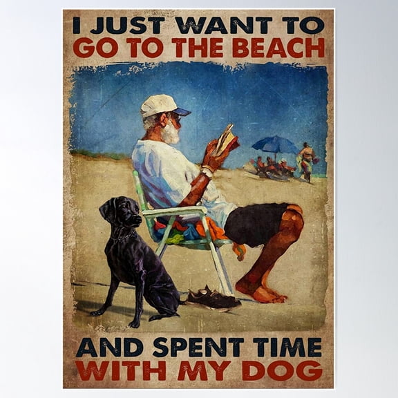 Beach With Dog Reading Books Old Man Gifts Poster Wall Art, Modern Wall Decor For Living Room Bedroom, 8x12 UNFRAMED