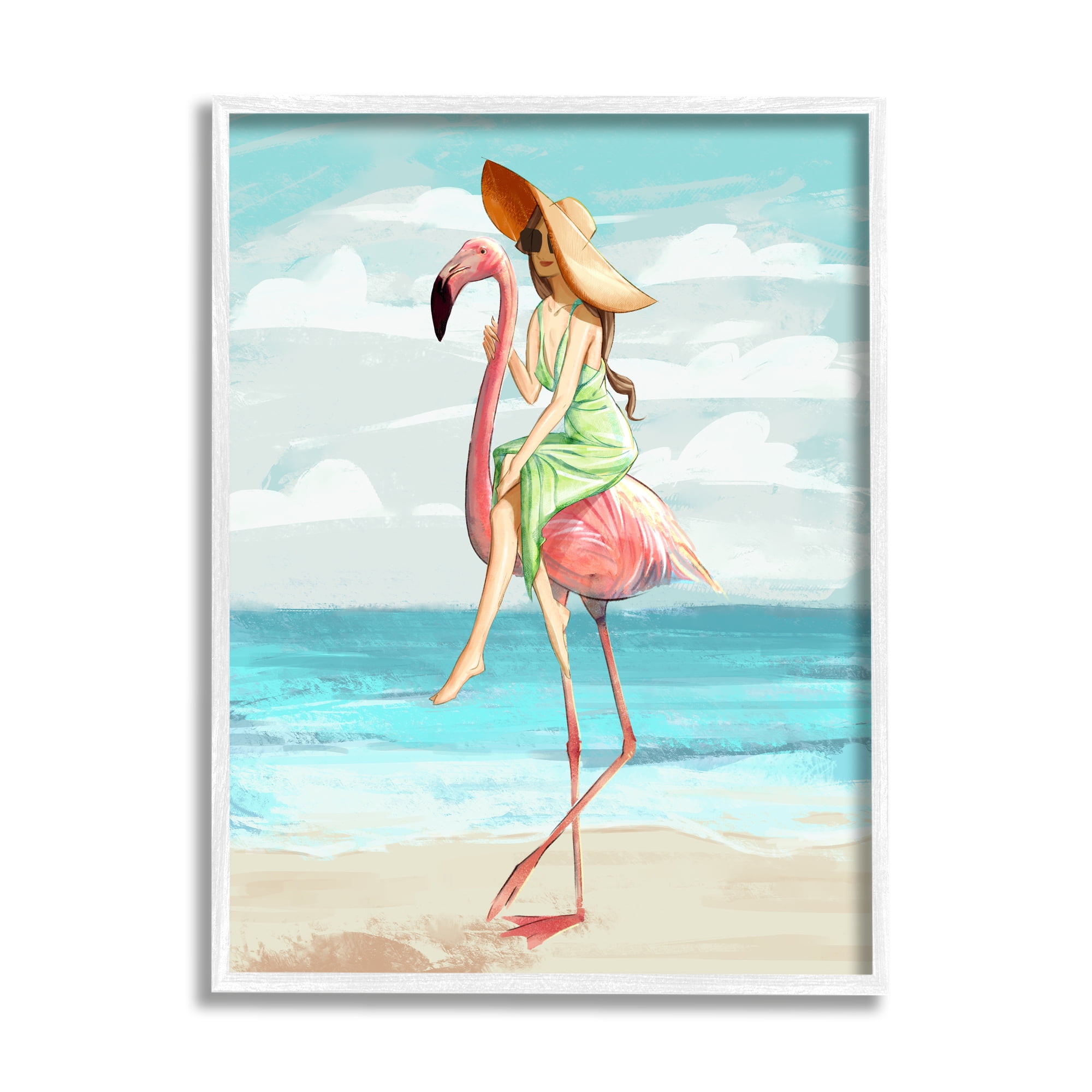 Beach Woman Riding Pink Flamingo Tropical Bird Canvas Print, 11 x 14