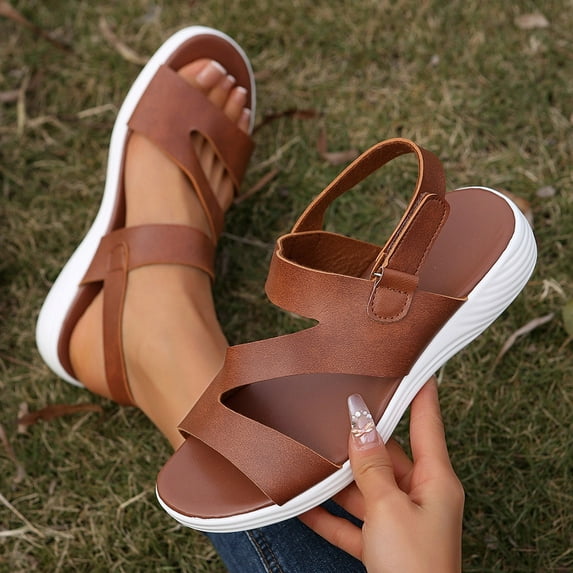 Beach Women's Sandals Clearance, Xunlbb Women's Fashion Casual Summer New Solid Color Outdoor Wear Beach Wedge Heel Flat Sandals(Brown,Size:42)
