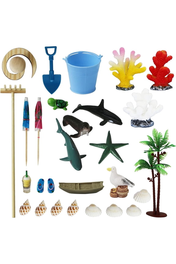 Beach Zen Garden Accessories Kit - Desktop Beach Fairy Garden Kit Sandbox Decor Tools Bamboo Rake Ornament Decoration Office Stress Relief Toys Therapy Man Woman Father Mather Meditation Zen Gifts