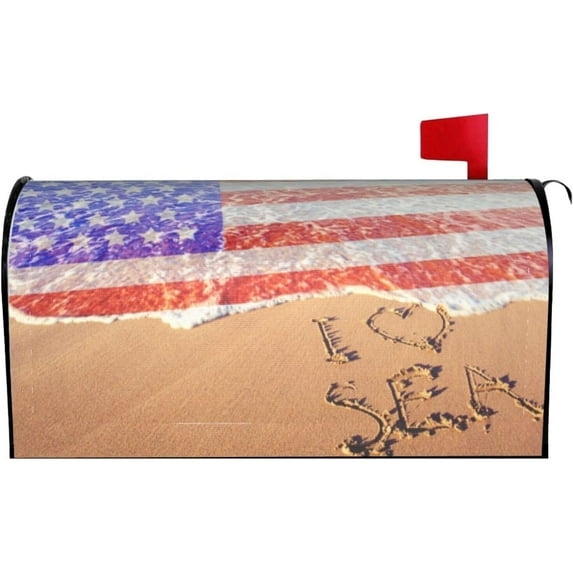 Beach and American Flag Waterproof Mail Cover Magnetic Mailbox Wraps Post Letter Box Cover for Garden Home Decor 25.5x21 in