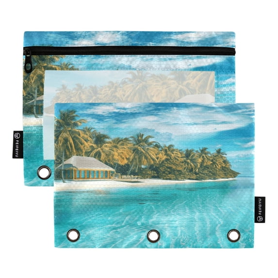 Beach and Blue Sky 2 Pack Pencil Pouch for 3 Ring Binder Smooth Zipper Folders with Pockets Clear Window Pencil Case