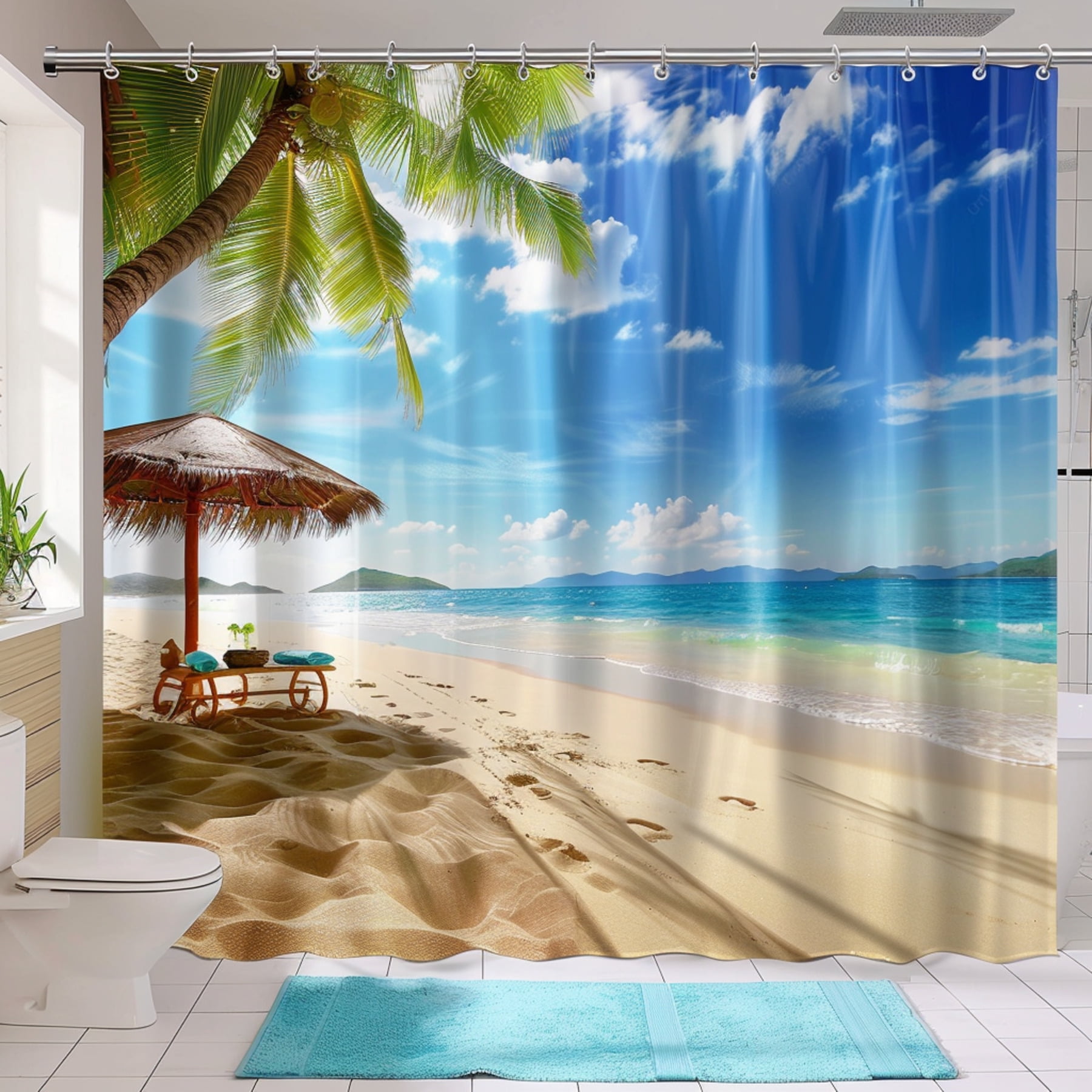 Beach and Palm Tree Scene Shower Curtain Tropical Design with Umbrella ...