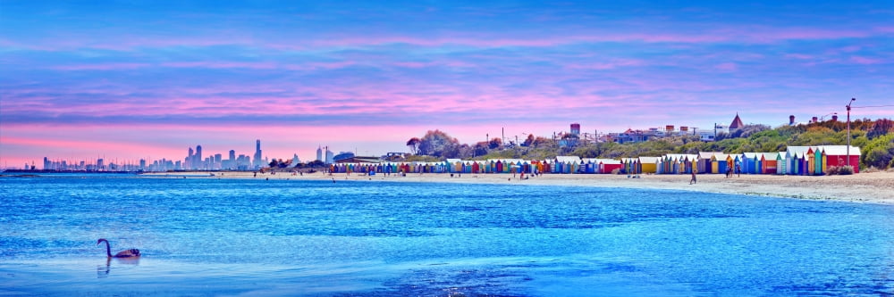 Beach huts and tourists on the beach Brighton the beach Melbourne Victoria Australia Canvas Art - Panoramic Images (6 x 18)