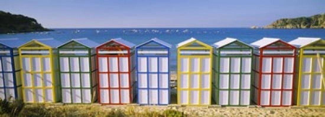 Beach huts in a row on the beach Catalonia Spain Canvas Art - Panoramic Images (18 x 7)