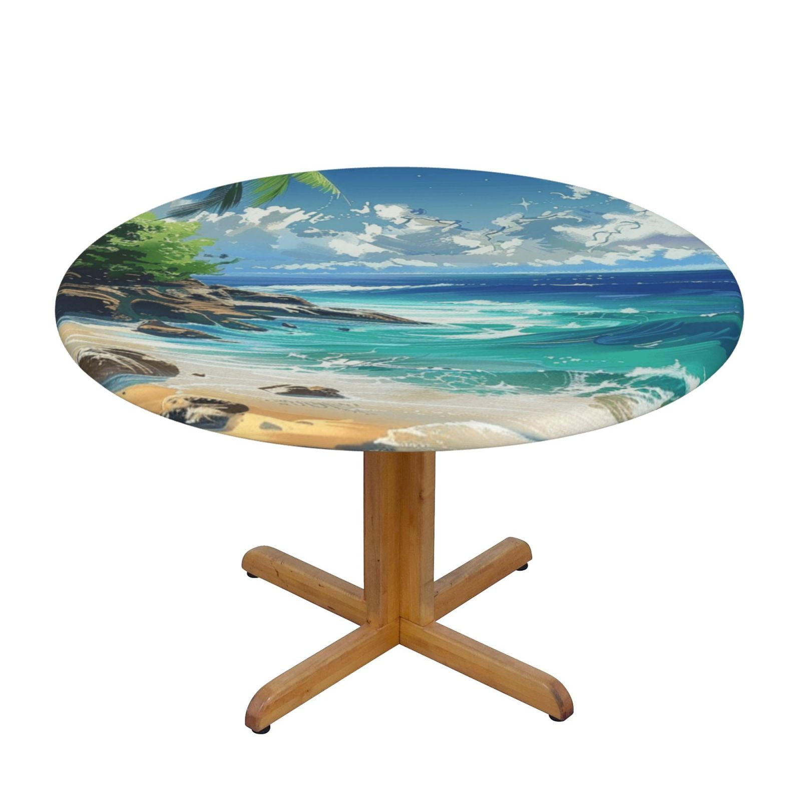 Beach paradise Round Picnic Table Cloth, Elastic Waterproof Fitted