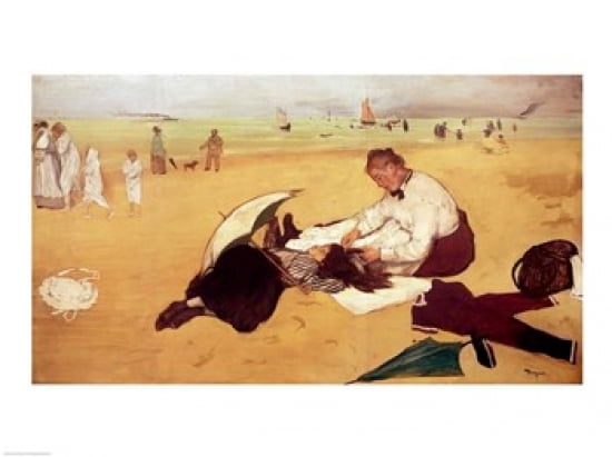 Beach scene little girl having her hair combed by her nanny Canvas Art - Edgar Degas (24 x 18)