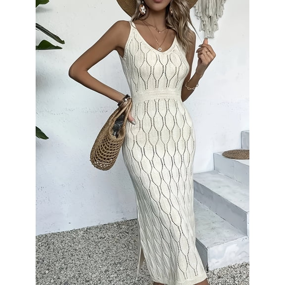 Beach sexy waist - cinching solid - color hollow - out knitted maxi dress