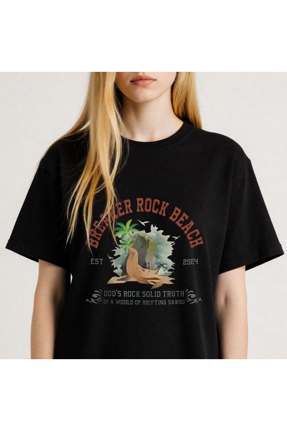Beach themed Graphic for Adults Casual Break Rock Beach Print T Shirt Tee