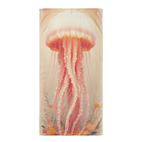 Beach towel boho A pink jellyfish floating in a field of flowers cute beach towel extra large beach towel absorbent beach towel swim towel