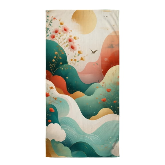 Beach towel boho An illustration of a landscape with flowers and birds vintage beach towel giant towel xl microfiber beach towel cabana beach towel