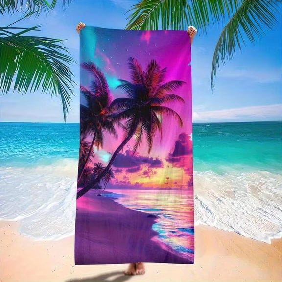 Beach towel palm tree sunset pattern sun protection windproof suitable for beach pool camping travel beach blanket