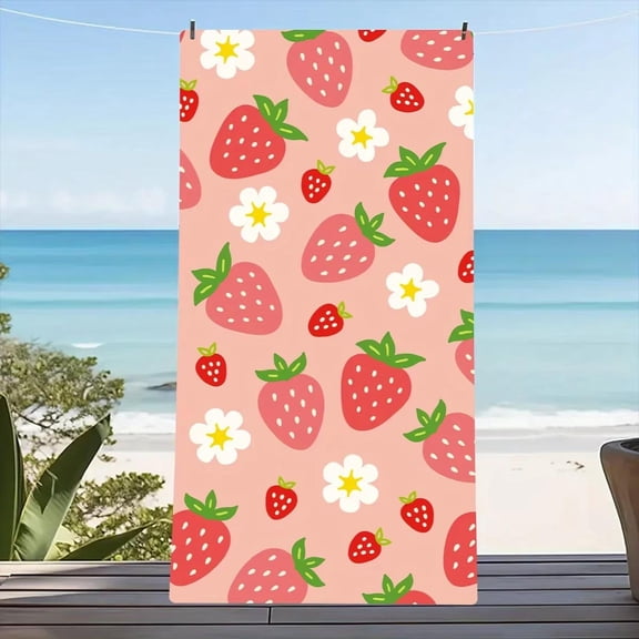 Beach towel pink background strawberry pattern sunscreen windproof suitable for beach pool camping travel beach blanket