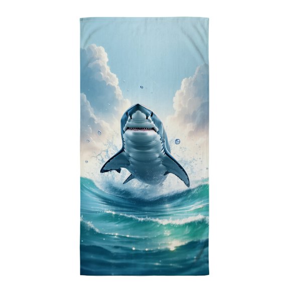 Beach towel shark A shark swimming in the ocean with clouds in the background. sand-free+beach+towels xl beach towel quick dry microfiber beach towel men beach essentials