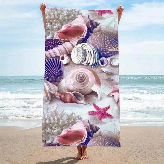 Beach towel with shell and starfish pattern sun protection and windproof suitable for beach pool camping travel beach blanket (1)