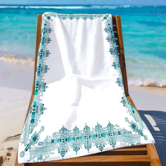 Beach towels, blue and white floral pattern vector photo frames, indoor/outdoor beach towels, holiday gift beach towels, birthday gift beach towels, family beach towels