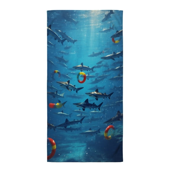 Beach towels shark A large group of sharks swimming in the ocean with life preservers. beach towels women 32 x 71 inches microfiber beach towels oversized beach essentials must haves