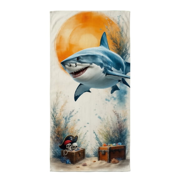 Beach towels with sharks A shark with a pirate hat and a chest in the ocean. beach towel for men beach towel large micro fiber beach towels mens beach accessories