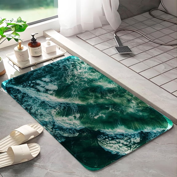 Beach waves 1094 Non-Slip Memory Foam Bath Rug: Absorbent, Quick-Dry, Machine Washable, Soft & Comfortable - S