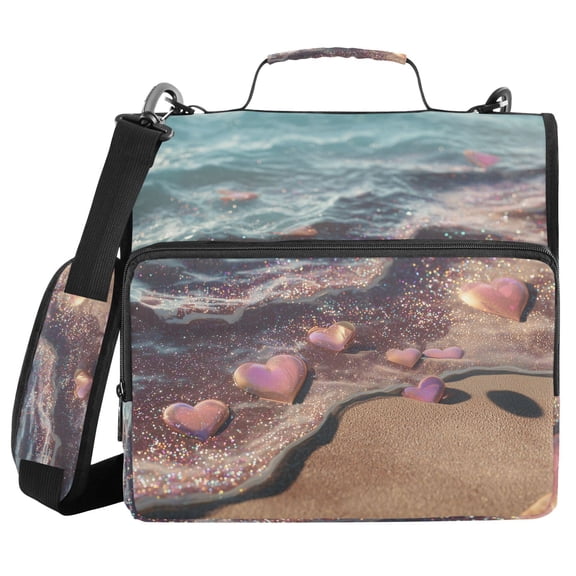 Beach with Heart Shaped Stones Valentine Binder Bag with Shoulder Strap 3 Ring Zipper Binder File Folder Document Storage