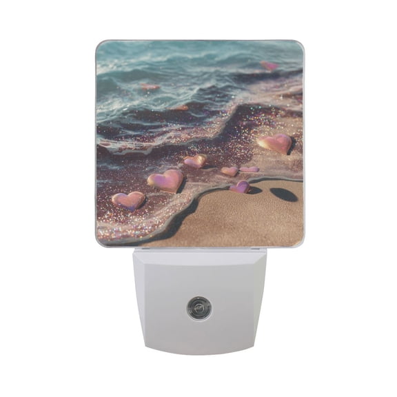 Beach with Heart Shaped Stones Valentine LED Night Light Sensor Lamp Plug-in Adjustable Brightness 2 Pack