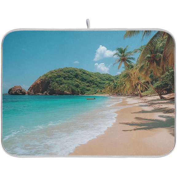 Beach with Palm Trees Absorbent Dish Drying Mats Medium Microfiber Drying Matt Coffee Sink Mat for Kitchen Counter, 16" x 18"