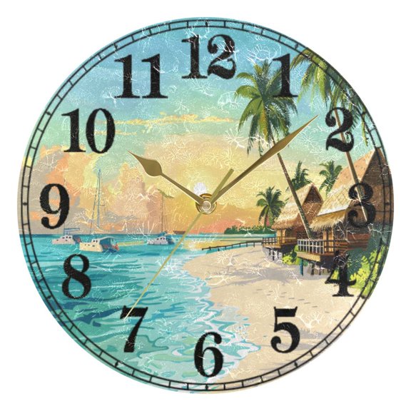 Beach with Palm Trees Silent Wall Clock 10" Non-Ticking Battery Clock