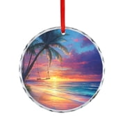 Beach with Palm Trees Sunset Crystal Glass Christmas Ornament Holiday Present Ideas Sunset Beach Christmas Glass Decoration