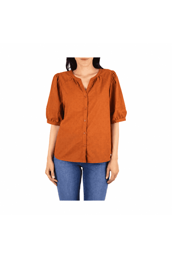 Womens - Color Apple Picking, Cotton Blouse Short Puff Sleeve, Relaxed Fit, Size Small