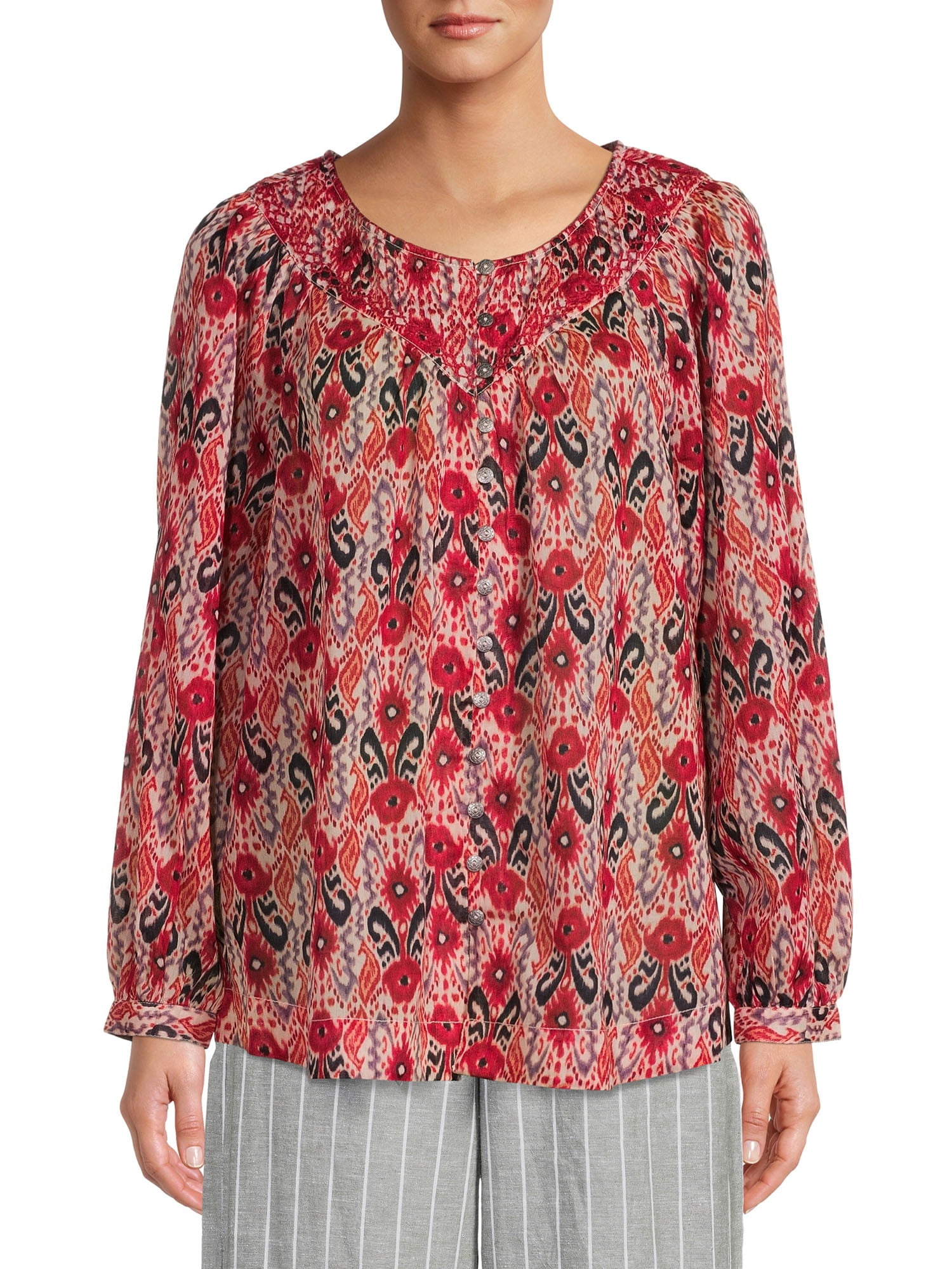 BeachLunchLounge Women's Printed Peasant Top with Embroidered Yoke