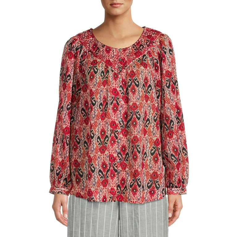 BeachLunchLounge Women's Printed Peasant Top with Embroidered Yoke