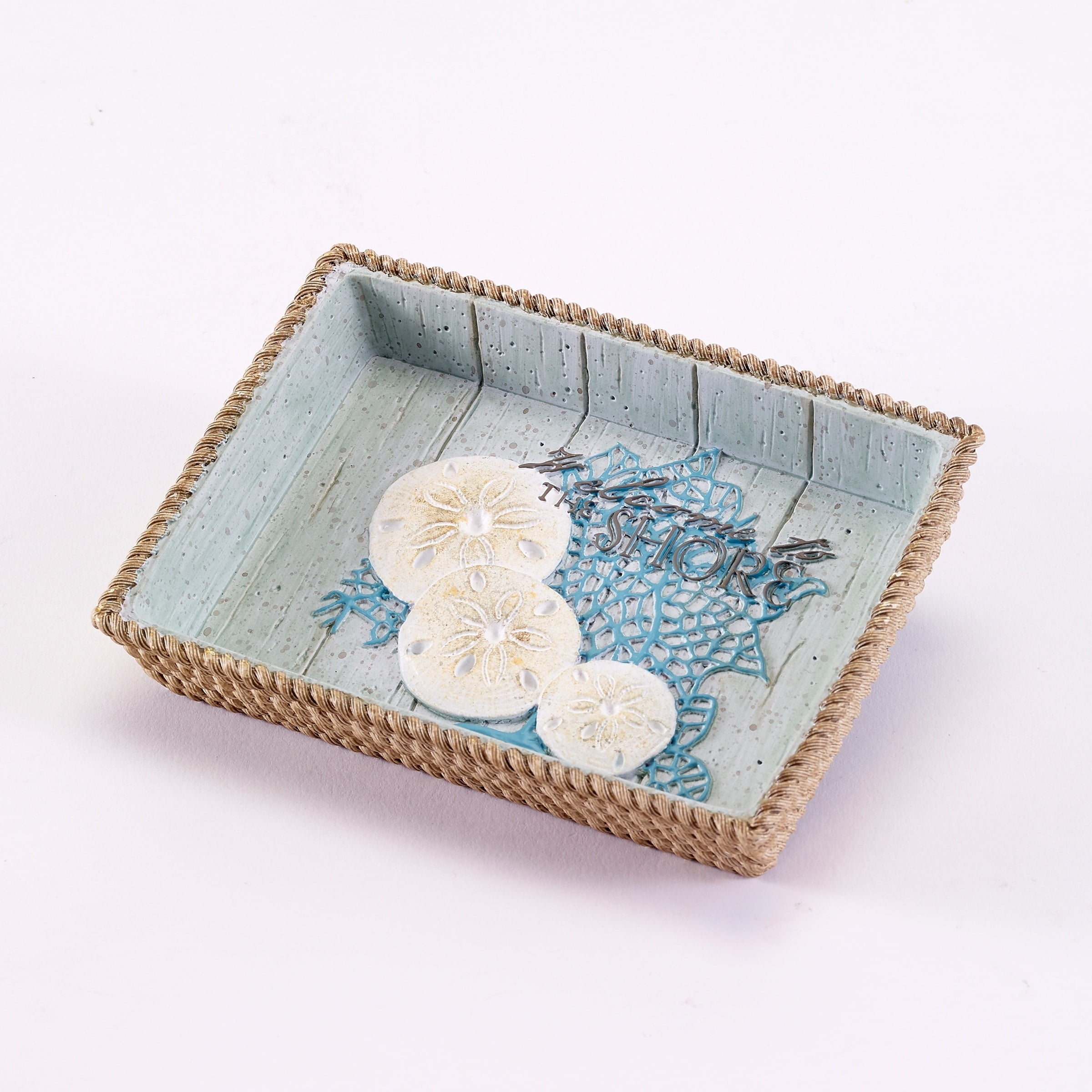 Aqua and Beige Coastal Resin Soap Dish with Rope Detail