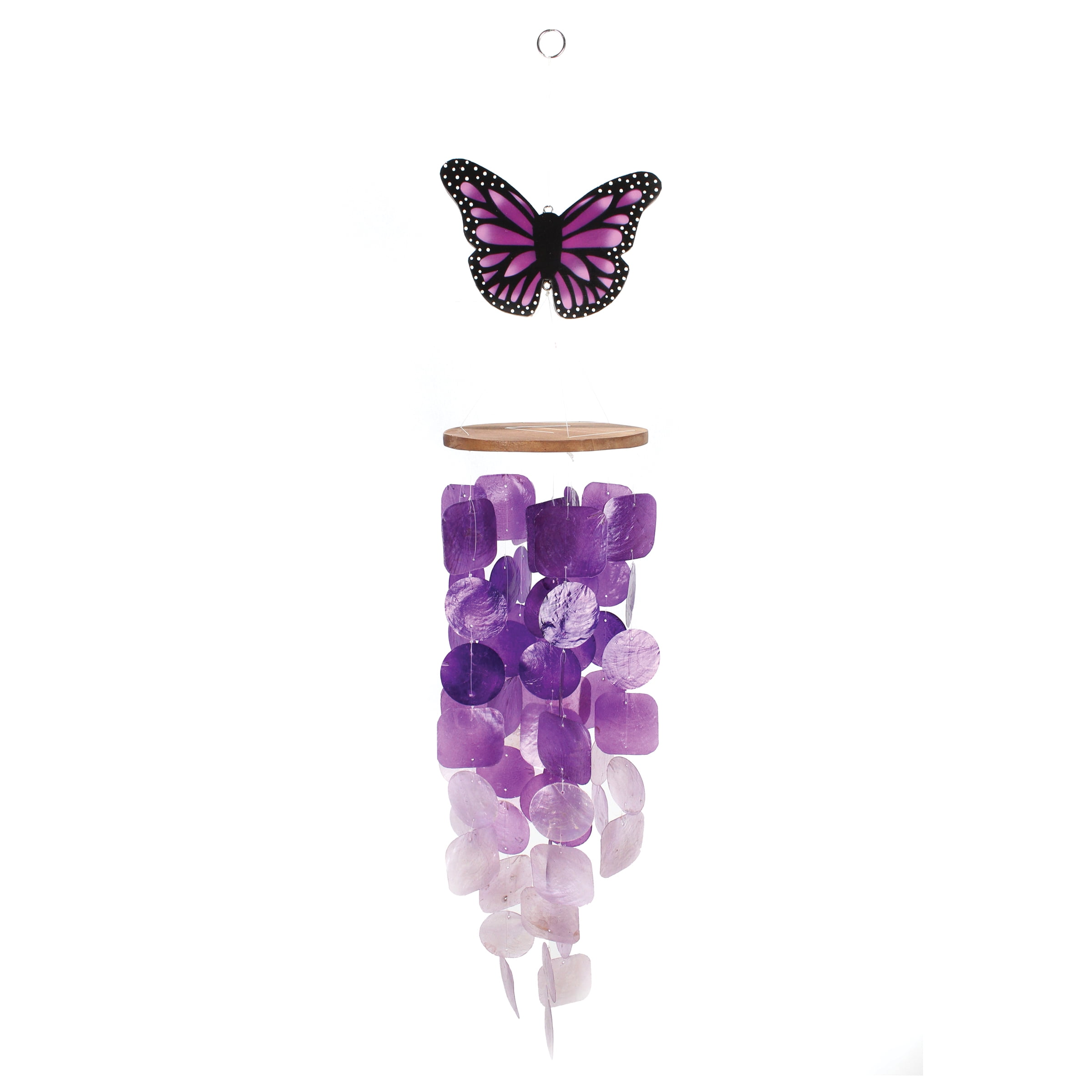 Purple Butterfly Capiz Wind Chime with Shells and Sea Glass